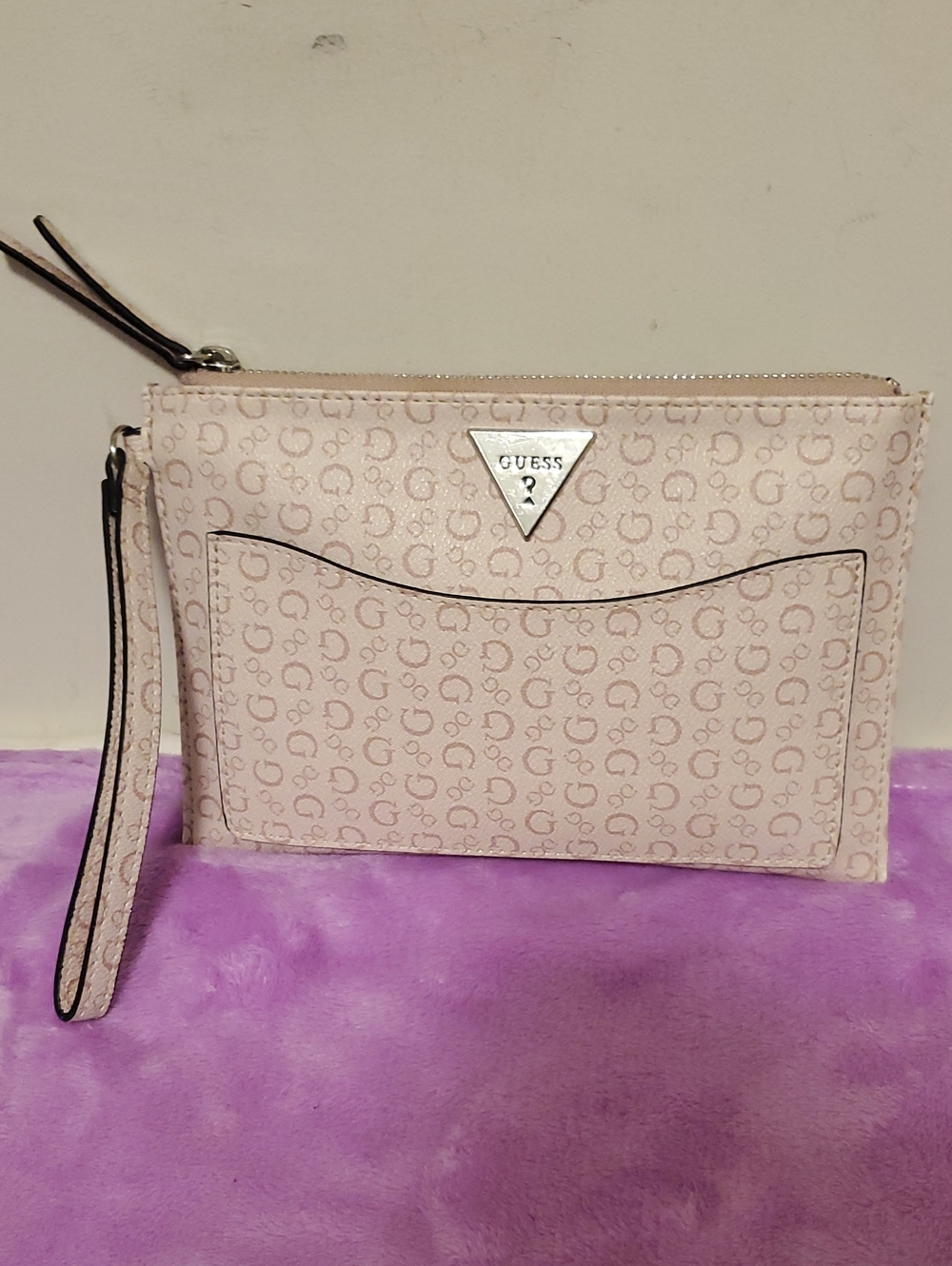 GUESS Light Pink Monogram Wristlet Clutch